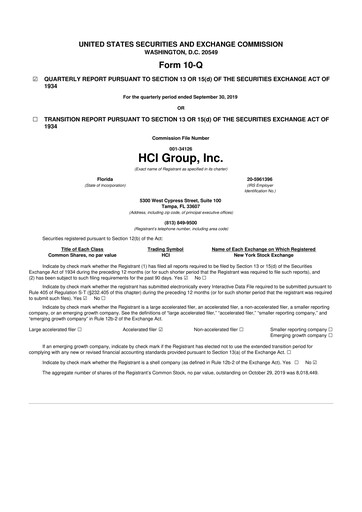 Thumbnail HCI Group
 10-Q Quarterly Report FY2019 