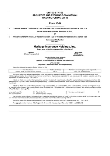 Thumbnail Heritage Insurance 10-Q Quarterly Report FY2019 