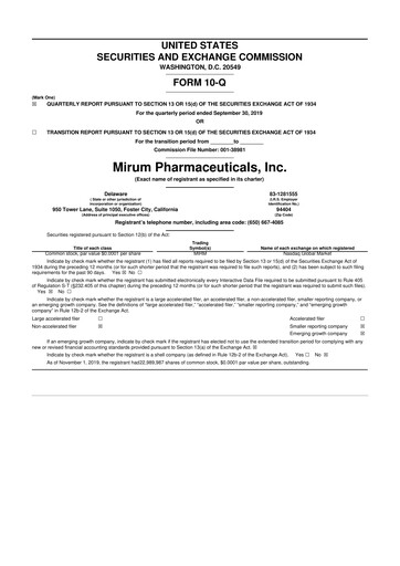 Thumbnail Mirum Pharmaceuticals 10-Q Quarterly Report FY2019 