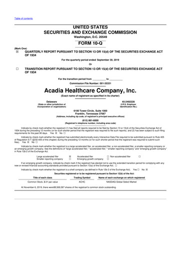 Thumbnail Acadia Healthcare
 10-Q Quarterly Report FY2019 