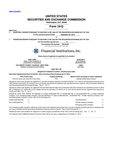 Thumbnail Financial Institutions 10-Q Quarterly Report FY 