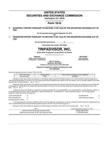 Miniature TripAdvisor 10-Q Rapport trimestriel 2019 