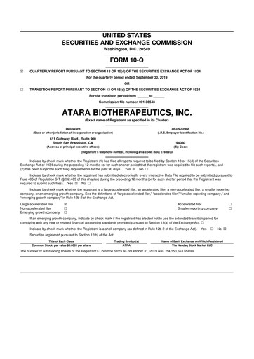 Miniature Atara Biotherapeutics 10-Q Rapport trimestriel  