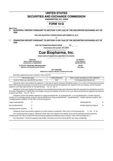 Vorschaubild Cue Biopharma 10-Q Quartalsbericht 2019 