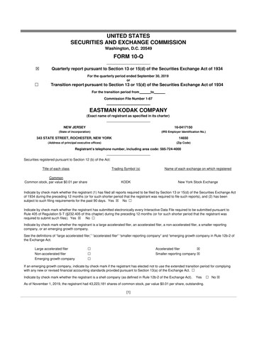Thumbnail Eastman Kodak Company 10-Q Quarterly Report FY2019 