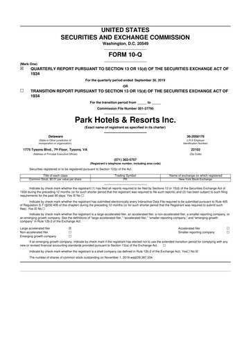 Thumbnail Park Hotels & Resorts

 10-Q Quarterly Report FY2019 