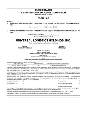 Thumbnail Universal Logistics Holdings 10-Q Quarterly Report FY2019 