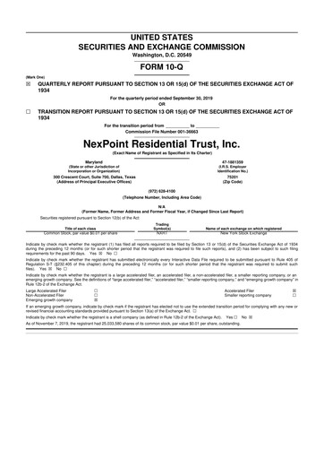 Thumbnail NexPoint Residential Trust 10-Q Quarterly Report FY2019 