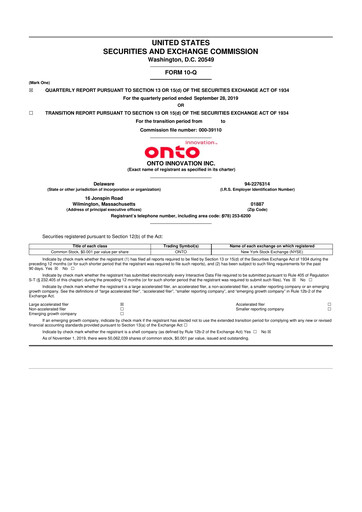Thumbnail Onto Innovation 10-Q Quarterly Report FY2019 
