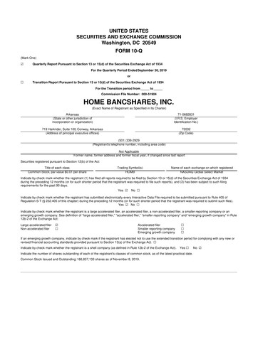 Thumbnail Home BancShares
 10-Q Quarterly Report FY2019 