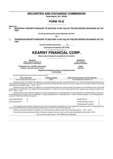 Miniature Kearny Financial
 10-Q Rapport trimestriel 2020 