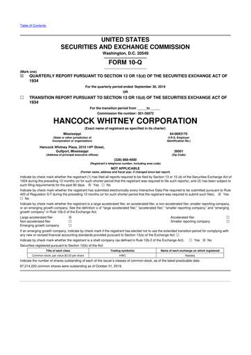 Thumbnail Hancock Whitney 10-Q Quarterly Report FY2019 