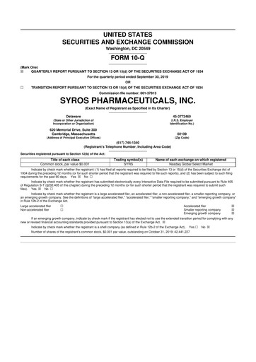 Thumbnail Syros Pharmaceuticals
 10-Q Quarterly Report FY2019 