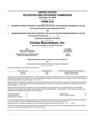 Thumbnail Civista Bancshares
 10-Q Quarterly Report FY2019 