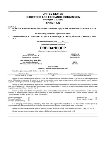 Thumbnail RBB Bancorp 10-Q Quarterly Report FY2019 