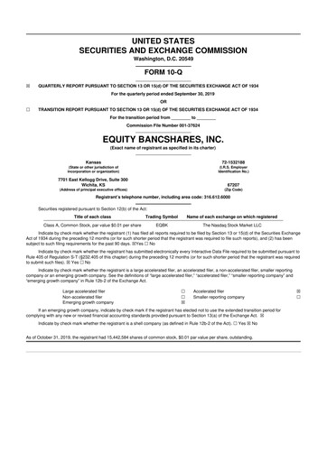 Thumbnail Equity Bancshares 10-Q Quarterly Report FY2019 