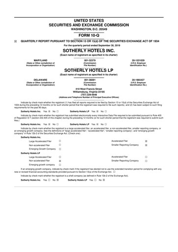 Miniature Sotherly Hotels 10-Q Rapport trimestriel  