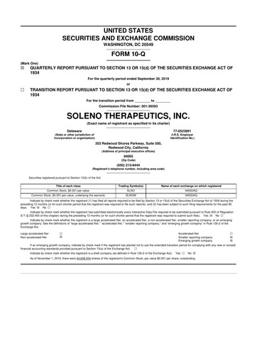 Miniature Soleno Therapeutics 10-Q Rapport trimestriel 2019 