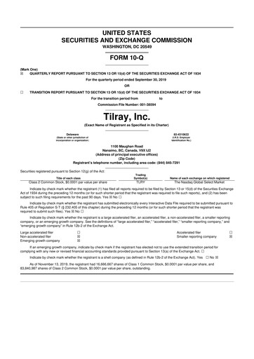 Miniature Tilray Brands
 10-Q Rapport trimestriel 2019 
