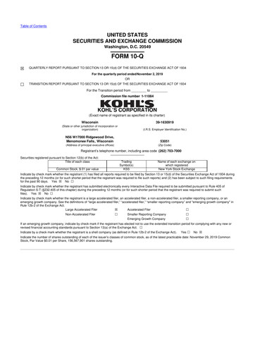 Thumbnail Kohl's
 10-Q Quarterly Report FY2019 