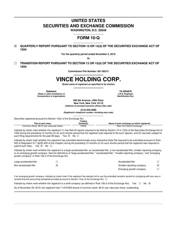 Thumbnail Vince Holding 10-Q Quarterly Report FY2019 