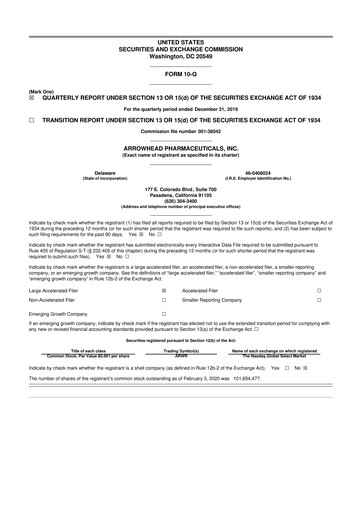 Thumbnail Arrowhead Pharmaceuticals
 10-Q Quarterly Report FY 