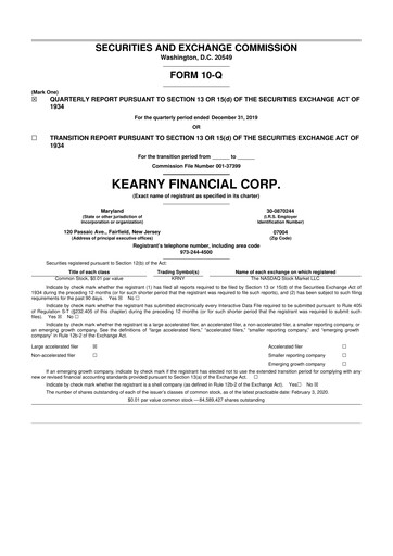 Miniature Kearny Financial
 10-Q Rapport trimestriel 2020 