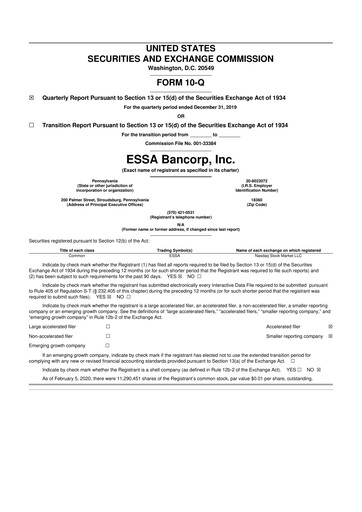 Thumbnail ESSA Bancorp 10-Q Quarterly Report FY2019 