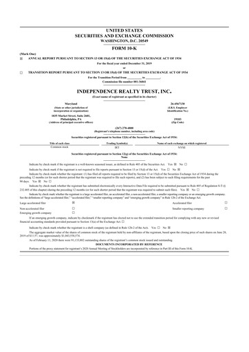 Thumbnail Independence Realty Trust
 10-K Annual Report 2019
