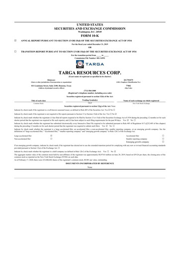 Thumbnail Targa Resources
 10-K Annual Report 2019