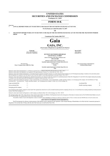 Thumbnail Gaia 10-K Annual Report 2019