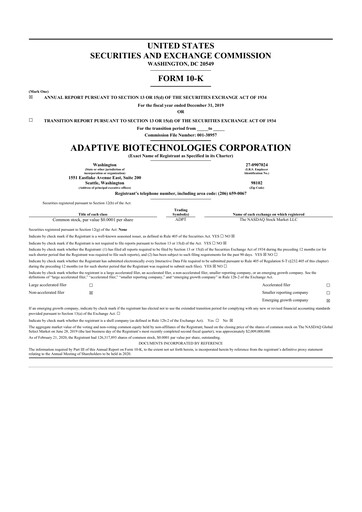 Miniature Adaptive Biotechnologies
 10-K Rapport annuel 2019
