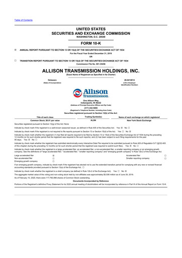 Thumbnail Allison Transmission
 10-K Annual Report 2019