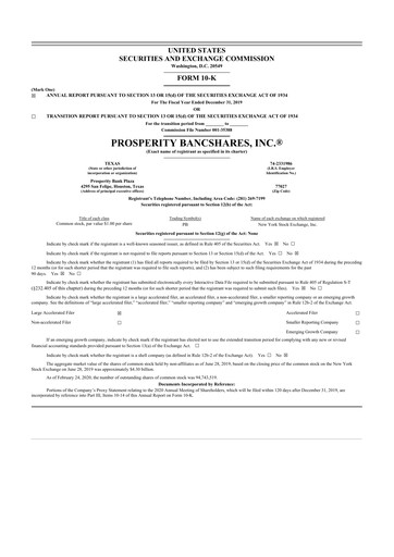 Thumbnail Prosperity Bancshares
 10-K Annual Report 2019