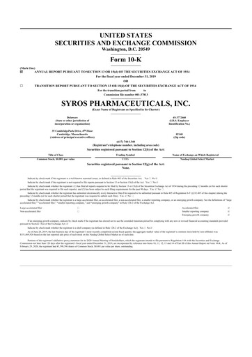 Thumbnail Syros Pharmaceuticals
 10-K Annual Report 2019