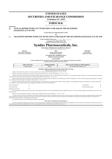Thumbnail Syndax Pharmaceuticals 10-K Annual Report 2019