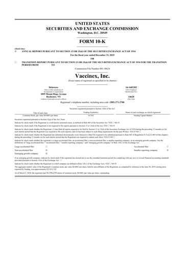 Miniature Vaccinex 10-K Rapport annuel 2019