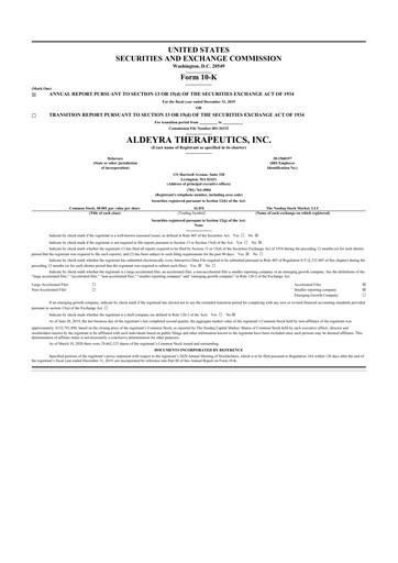 Miniature Aldeyra Therapeutics
 10-K Rapport annuel 2019