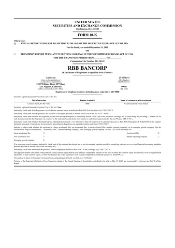 Thumbnail RBB Bancorp 10-K Annual Report 2019