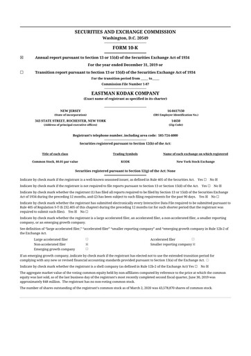 Thumbnail Eastman Kodak Company 10-K Annual Report 2019