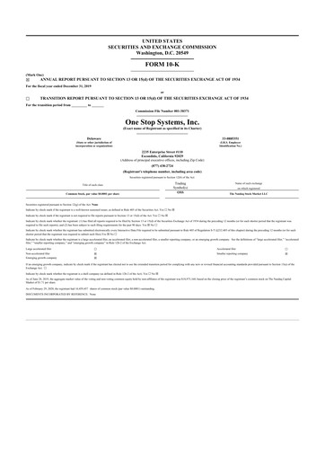 Thumbnail One Stop Systems 10-K Annual Report 2019