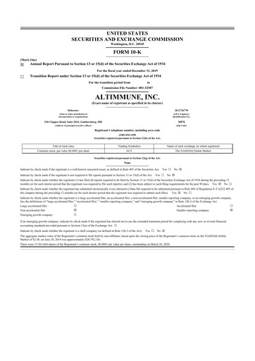 Vorschaubild Altimmune 10-K Jahresbericht 2019