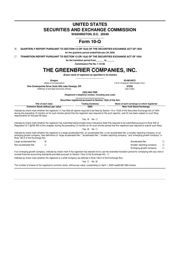 Thumbnail The Greenbrier Companies
 10-Q Quarterly Report FY2020 