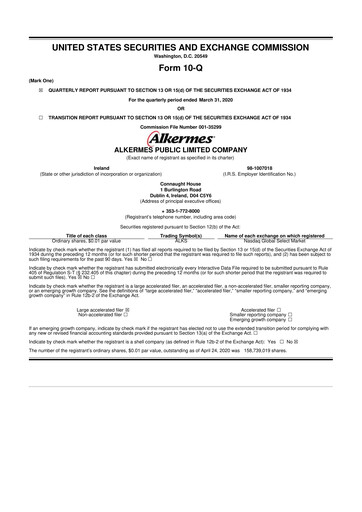 Miniature Alkermes 10-Q Rapport trimestriel 2020 