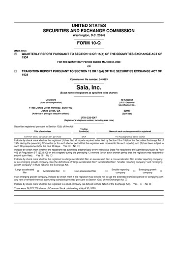 Thumbnail Saia
 10-Q Quarterly Report FY2020 