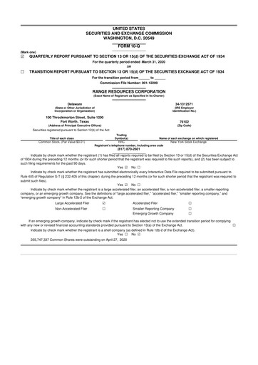 Thumbnail Range Resources
 10-Q Quarterly Report FY2020 