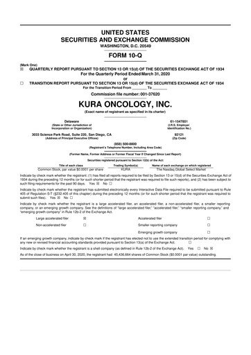 Miniature Kura Oncology
 10-Q Rapport trimestriel 2020 