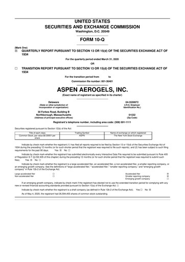 Miniature Aspen Aerogels 10-Q Rapport trimestriel 2020 