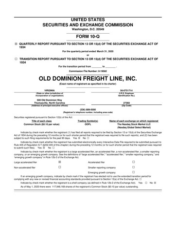 Thumbnail Old Dominion Freight Line
 10-Q Quarterly Report FY2020 