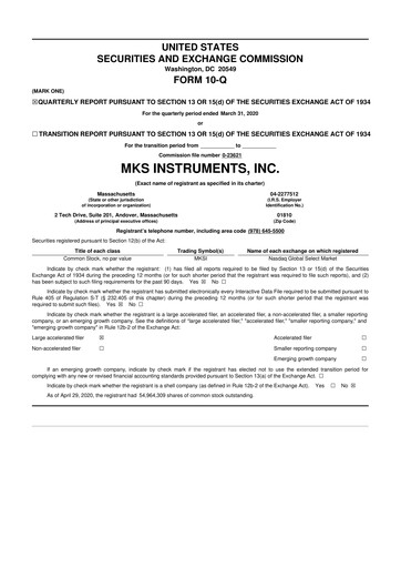 Thumbnail MKS Instruments 10-Q Quarterly Report FY2020 